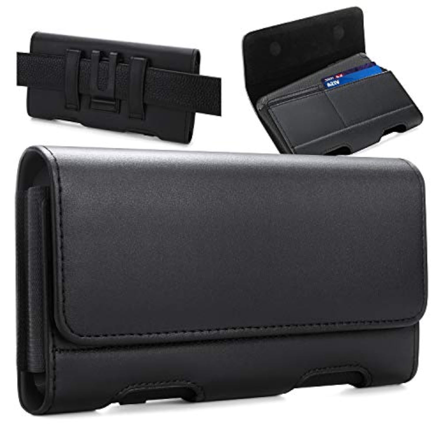 For Iphone Air 17 Pro Max 16/15/14/13/12/11 Pro Max Holster Case Belt Clip Case Leather Holster Pouch Belt Case With Card Holder For Galaxy S25+ S24/S23/S22/S21 Plus -Black