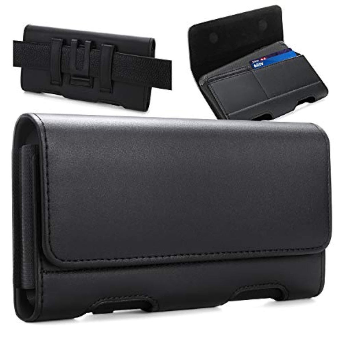 For Iphone Air 17 Pro Max 16/15/14/13/12/11 Pro Max Holster Case Belt Clip Case Leather Holster Pouch Belt Case With Card Holder For Galaxy S25+ S24/S23/S22/S21 Plus -Black