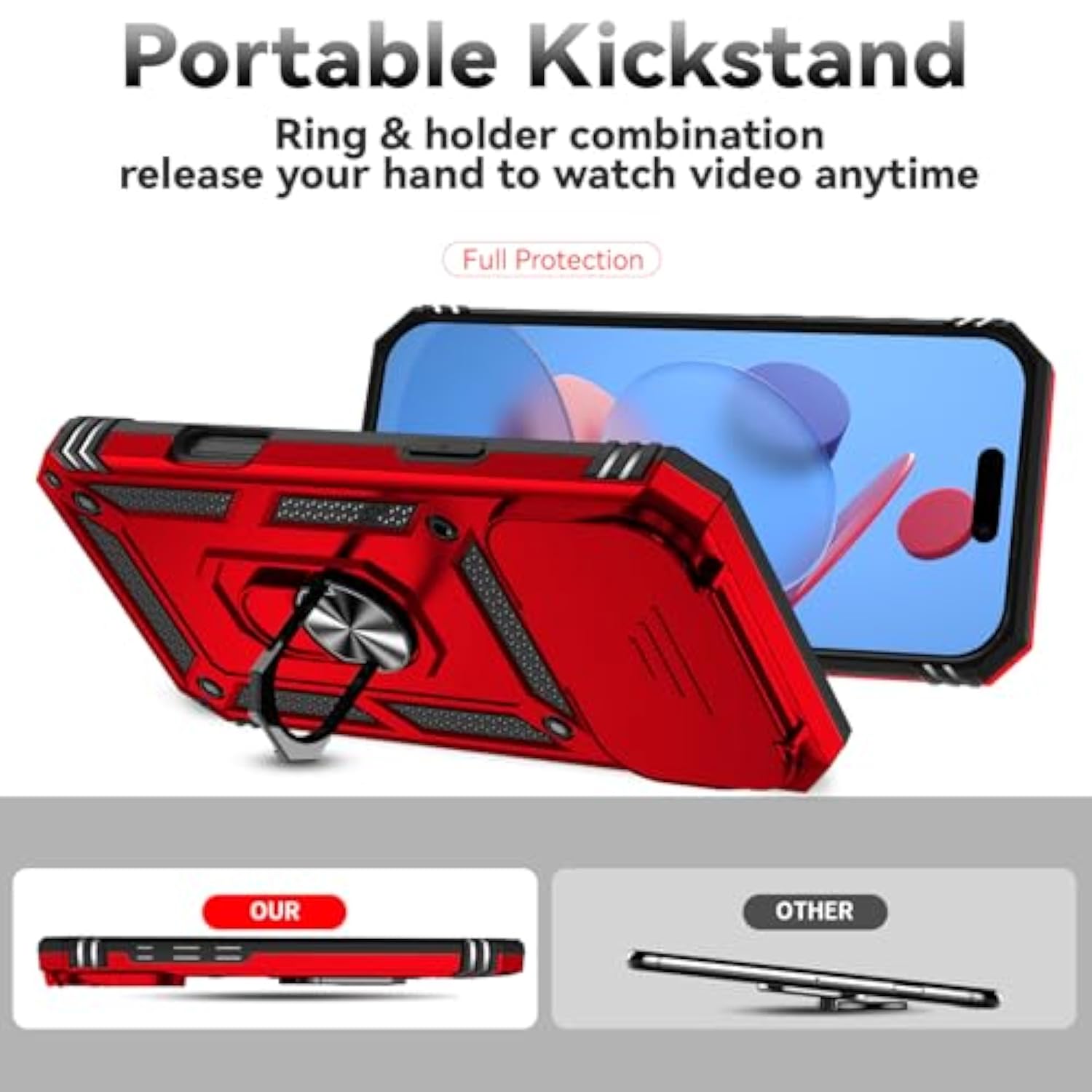 Compatible With Iphone 17 Pro Max Case With Hd Screen Protector & Slide Camera Cover & Rotated Ring Kickstand, [Military-Grade] Iphone Case For Iphone 17 Pro Max,Red