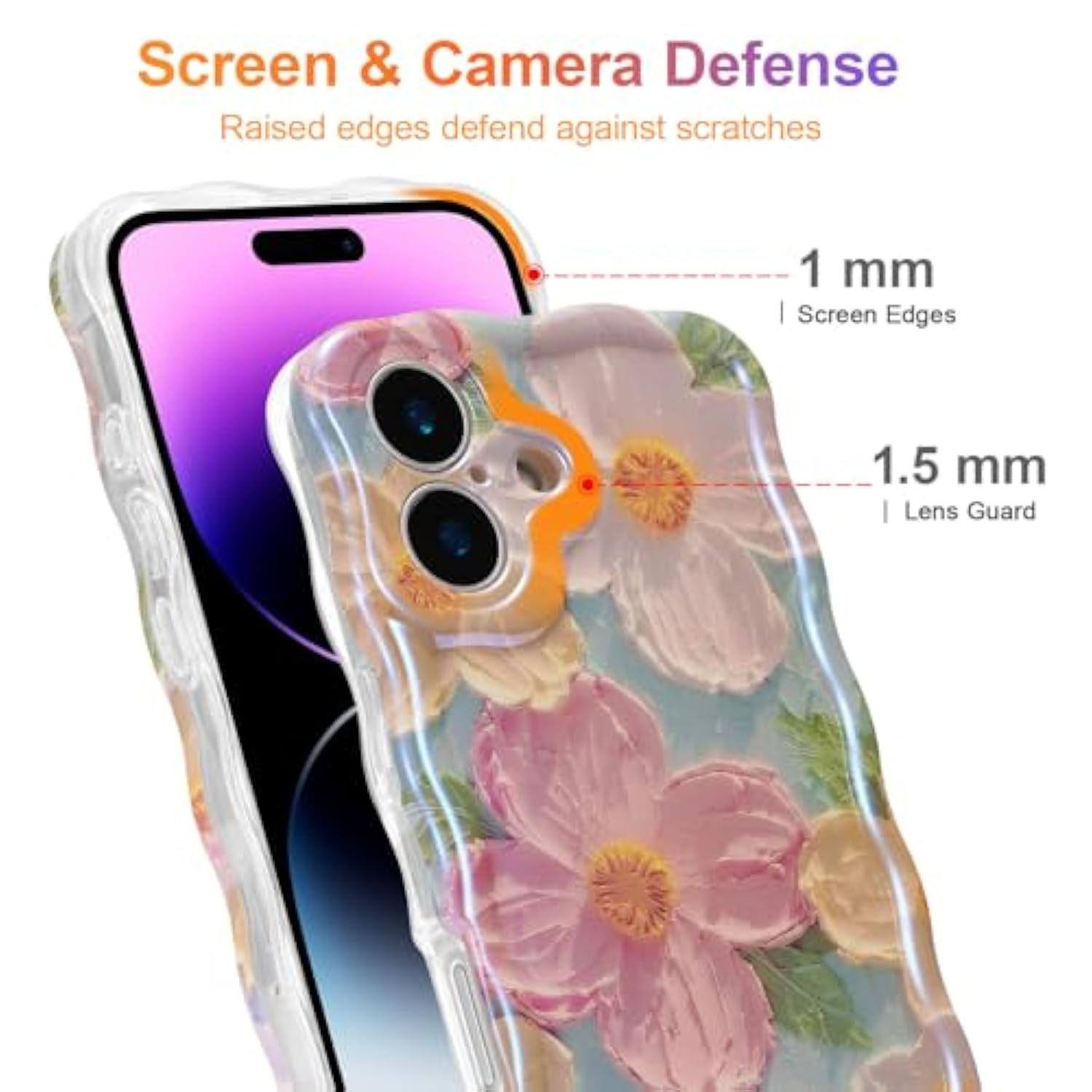 iPhone 16 Case, Retro Flower Oil Painting, Curly Wave Edge, TPU Protective Cover