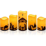 Christmas Nativity Scene Decorations Christmas Religion Led Flameless Candles With Timer For Xmas Holiday Home Decor Supplies Set Of 5 (Beige)