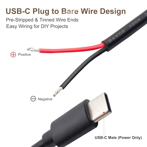 USB-C Power Cable (Input Only) with Copper Quick Wire Connector, 20AWG 5V 5A DC Power Lead, from Bare Wire DC Input for USB-C Device Power Input, 1M,
