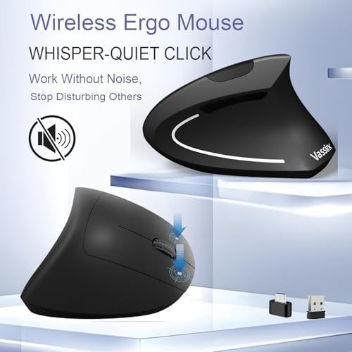 Ergonomic Wirelessmouse, Usb A+Type C(2 In 1) Connection, 800/1200/1600 Dpi, 6 Silent Buttons, 2.4Ghz Carpal Tunnel Rechargeable Vertical Mice, For Laptop, Desktop,Macbook-Black