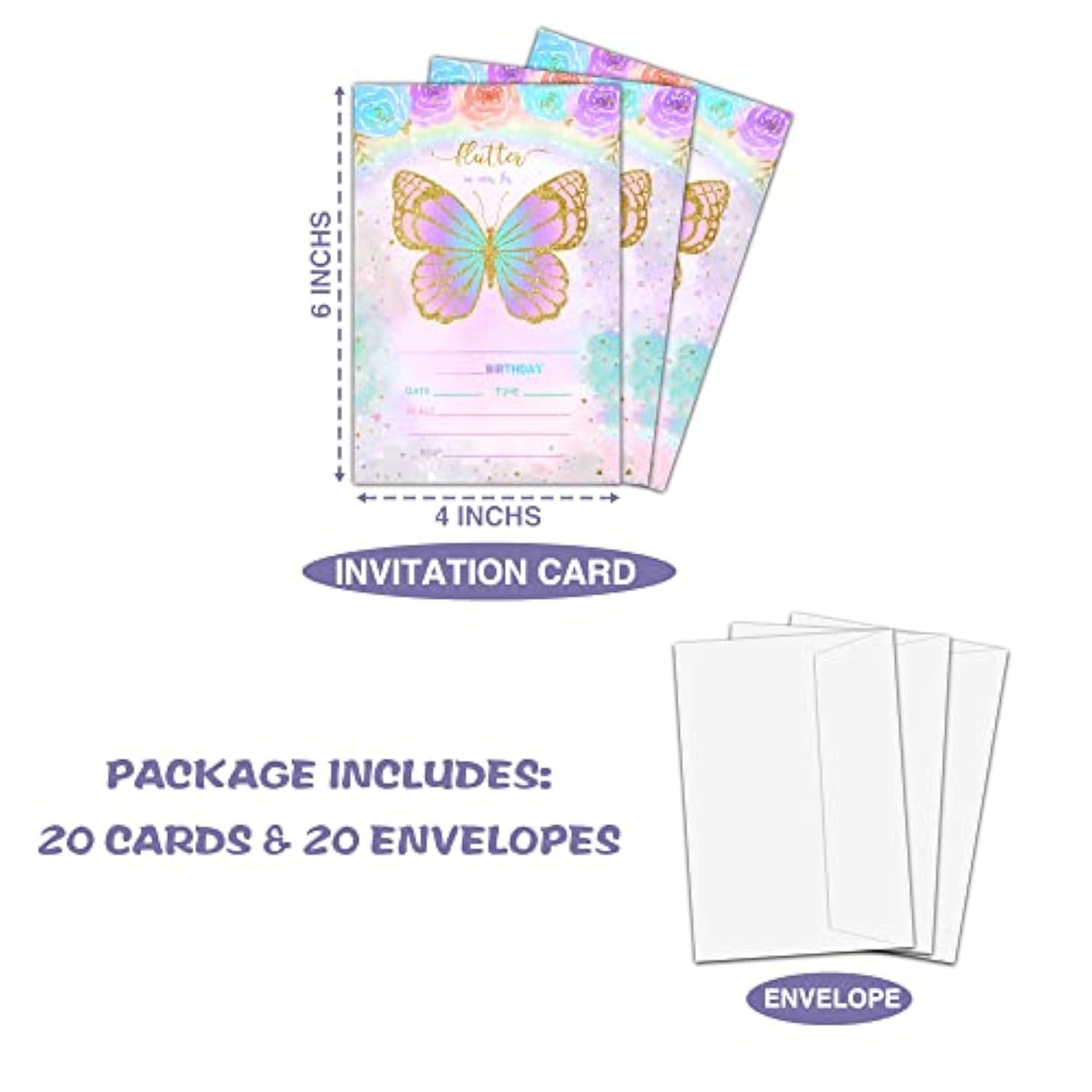 Butterfly Birthday Party Invitation, Floral Butterfly Themed Fillin Invites, 20 Gold Foil Invitations With Envelopes For Teens Boys & Girls (4 X 6), Kids Rainbow Party Favors Decorations And