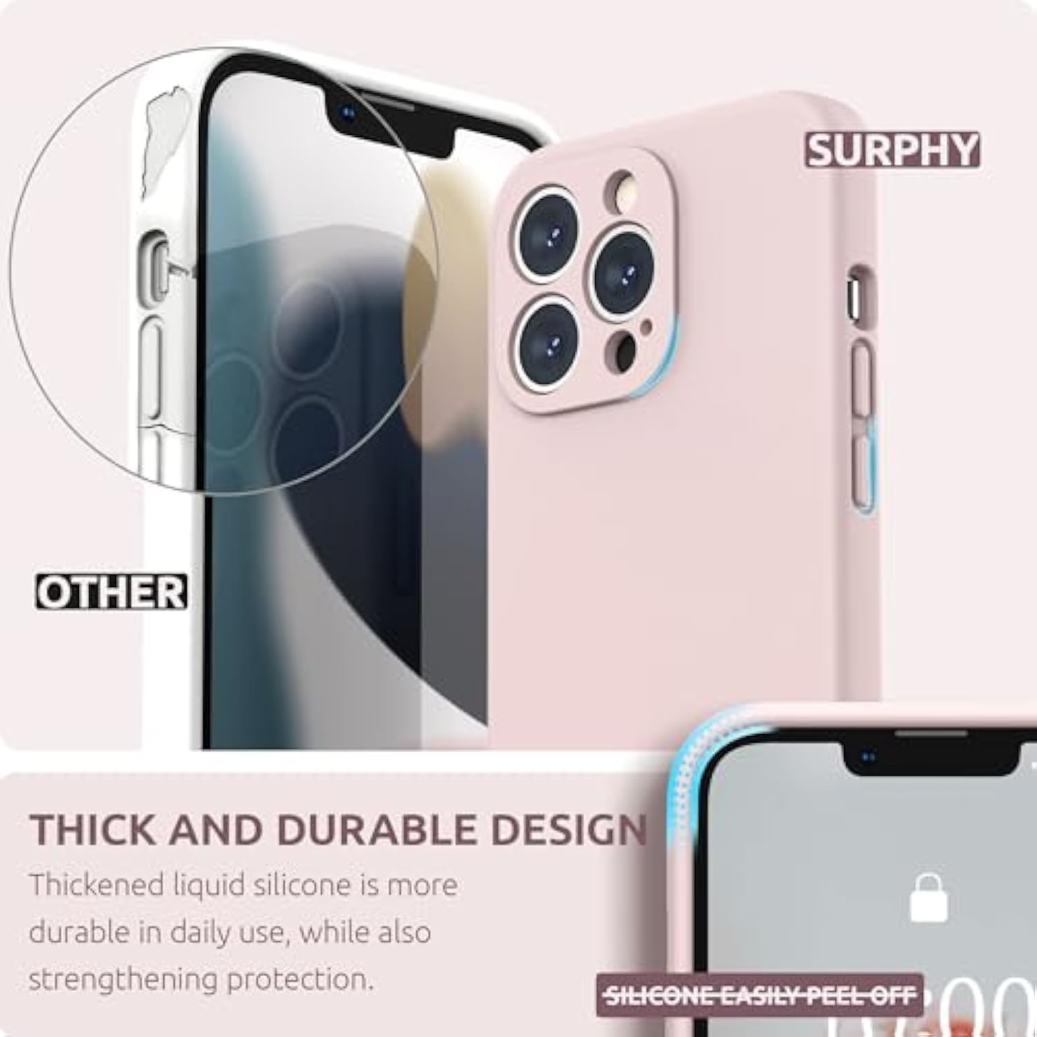 Compatible With 13 Pro Case With Screen Protector, (Camera Protection & Soft Microfiber Lining) Liquid Silicone Phone Case 6.1 Inch 2021, Pink Sand