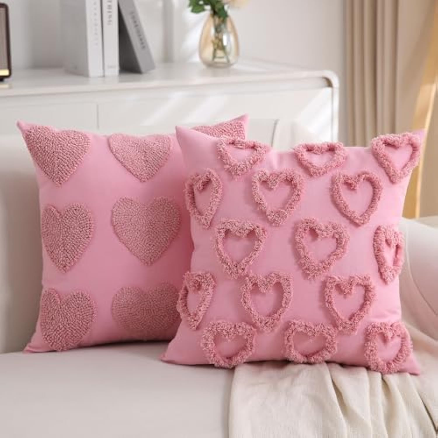 Heart Love Cute Pink Valentines Throw Pillow Covers 18X18 Inch Set Of 2 Valentines Day Pillow Covers For Couch Sofa Home Decor Decorative Cushion Covers For Neutral Valentines Day Decorations