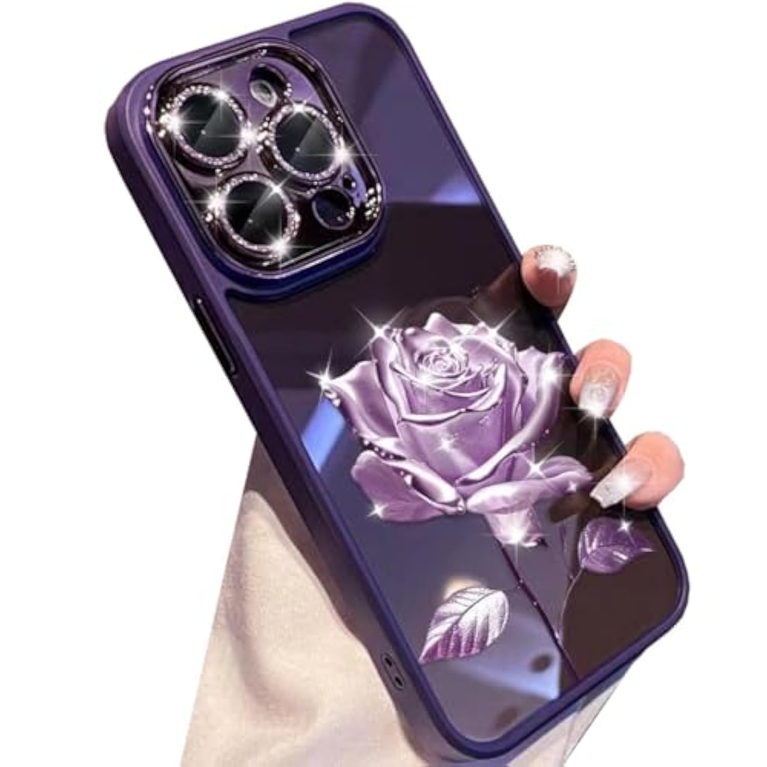 For Iphone 16 Pro Max Fairy Rose Clear Case,Cute Flower Floral With Glitter Bling Sparkly Camera Lens Protector Soft Tpu Bumper Shockproof Women Girls Case For Iphone 16 Pro Max 6.9" (Purple)