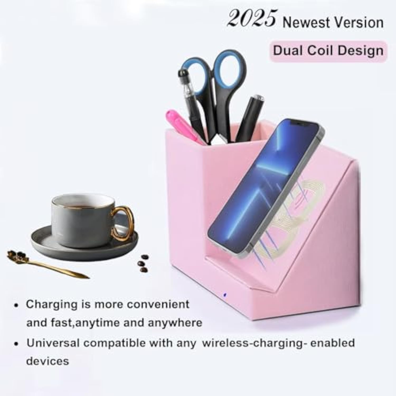 2025 New Wireless Charger,15W Pink Fast Charger,Dual Coil,Qi Certified Charging Dock,Desk Stand And Pen Holder Storage Compatible With Iphone 16/15/14 Max/Xr/Xs, S24/S23 Series And More(No Ac Adapter