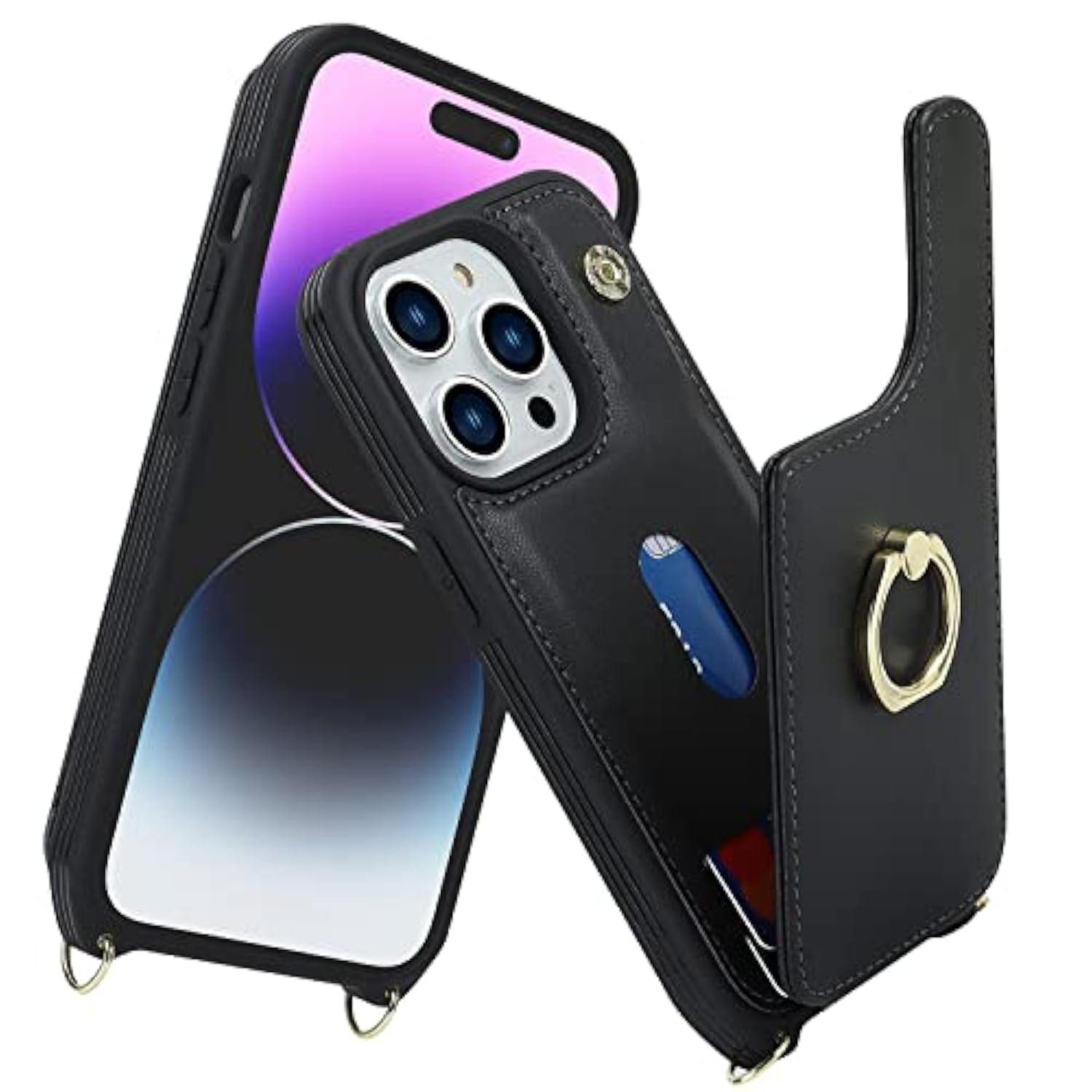For Iphone 14 Pro Max Case With Card Holder For Women,Phone Case With Strap,Crossbody Lanyard,Ring Stand,Snap Clasp,Cute Wallet Cases 6.7" (Black)
