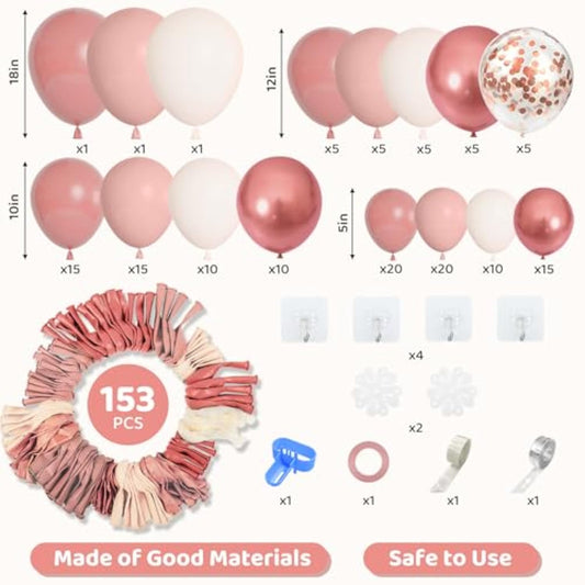 153Pcs Dusty Pink Balloon Garland Arch Kit, Different Sizes 18 12 10 5 Inch Pink White Sand Metallic Confetti Pink Balloons For Girl Baby Shower Birthday Boho Party Decorations