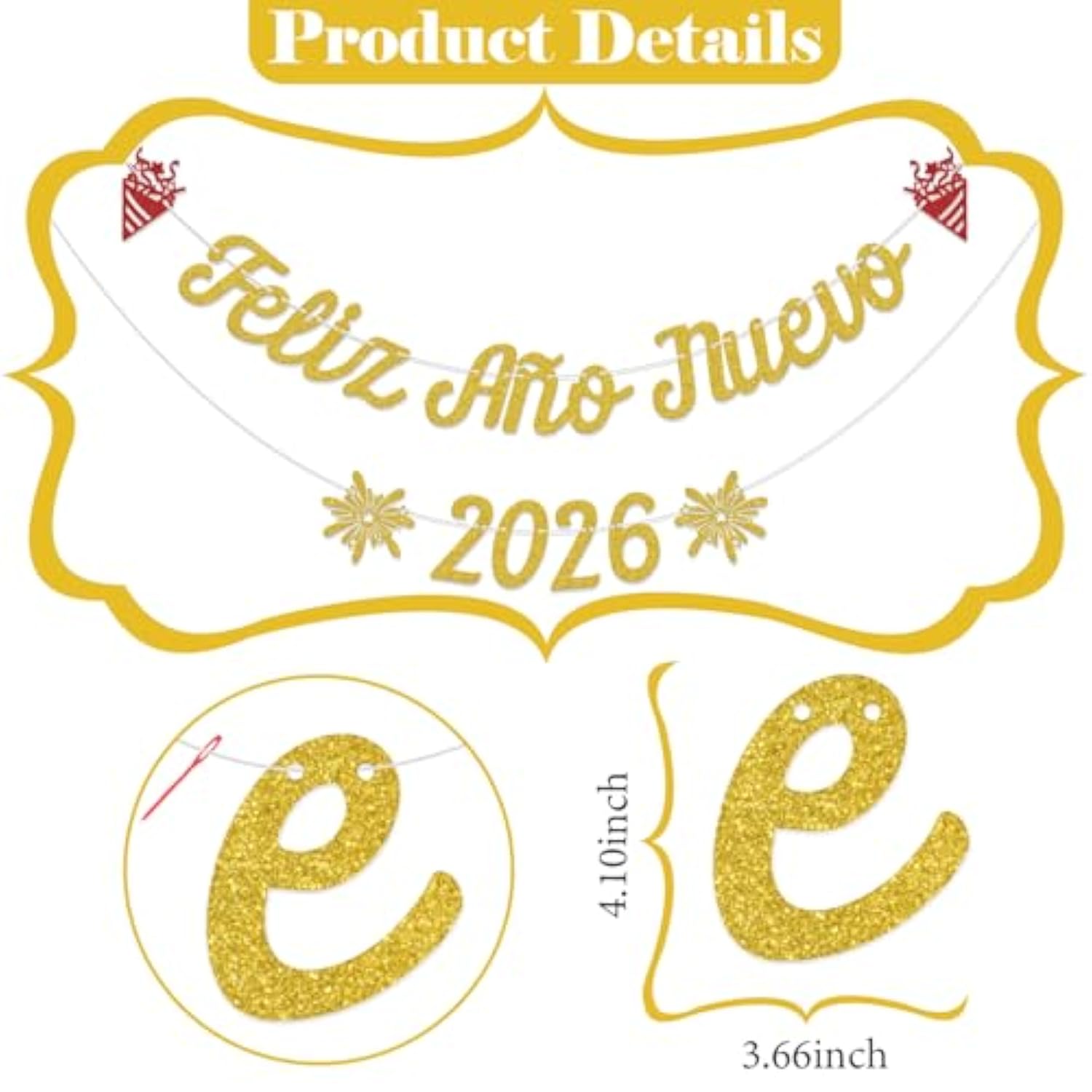 Feliz Año Nuevo 2026 Banner Gold Glitter New Year Party Decoration Supplies
