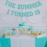 The Summer I Turned 15 Banner - Bruh Teen Boy 15Th Birthday Decor, Cheers To 15 Years, Summer Beach 15Th Birthday Party Decorations Blue Glitter