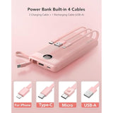 Portable Charger Power Bank, 10000Mah Travel Essentials Battery Pack, 5 Outputs 2 Inputs Slim Charging Bank Built-In Cables Cords Wires Compatible With Iphone,Samsung,Android-Pink(1 Pack)