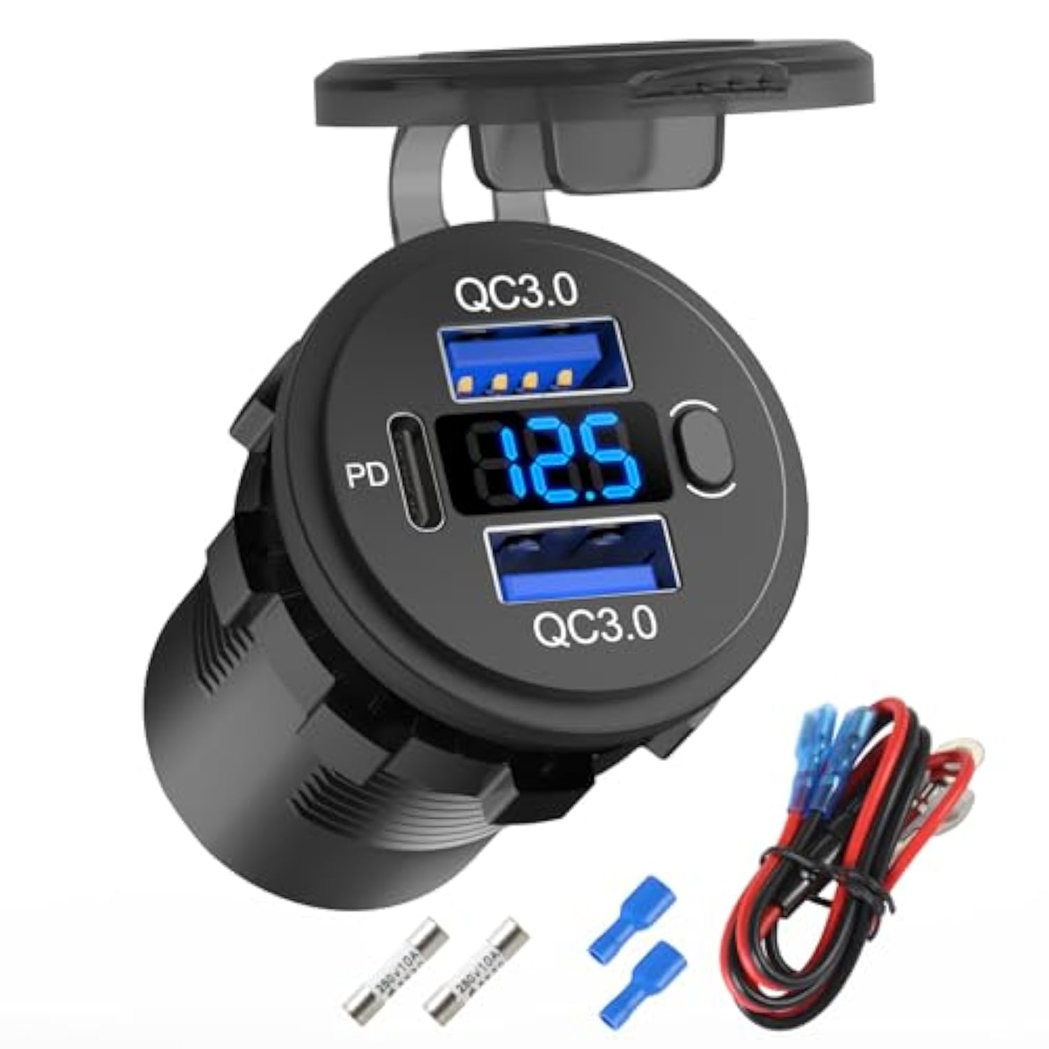 12 Volt Usb Outlet Dual Quick Charge 3.0 Port And Pd3.0 Usb C Car Battery Chargers Socket, Waterproof 12V Power Outlet Cigarette Lighter Replacement Diy Kit With Voltmeter And Switch For Boat