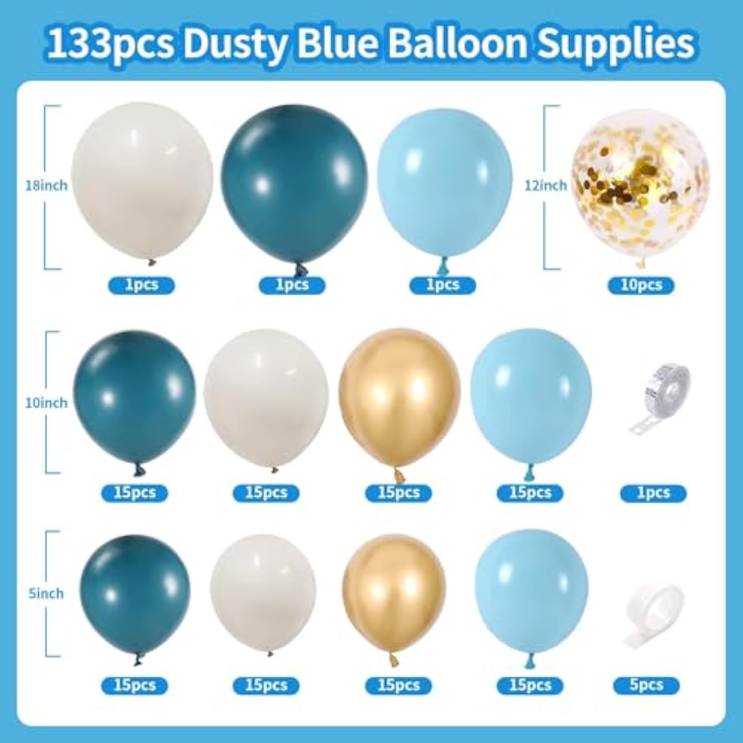 133pcs Dusty Blue Balloon Arch Kit with Gold Confetti for Baby Shower  Wedding Decor