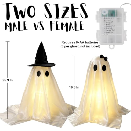 Halloween Decorations Indoor, 25.9 Inch Light Up Ghost Decorations Set of 2 with Timer, DIY Spooky Crafts Kit for Mantel Shelf Tabletop, White Ghosts for Home Party