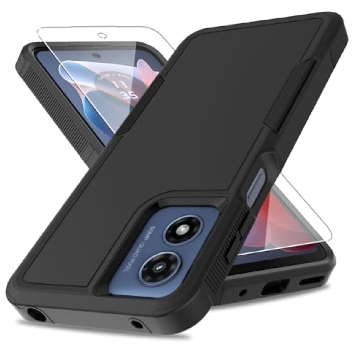 Heavy Duty Dual Layer Protective Case for Motorola G Play 4G 2024 with Screen Protector, Military Grade Drop Tested, Non-Slip Shockproof Cell Phone Cover, Black