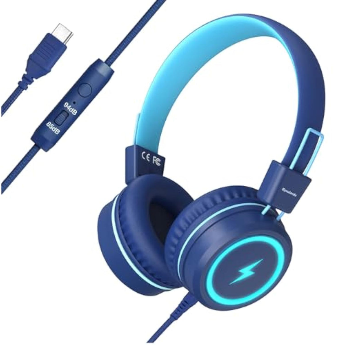 Kids Headphones With Led Lights For School, Upgrade Usb Type C Kid Headphone With Microphone, Volume Limiter 85/94Db, Wired On Ear Headphones For Boys/Girls/Tablet/Travel -Blue