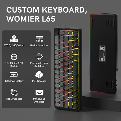 Womier L65 60% Mechanical Keyboard With Knob,4000Mah,Tri Mode Usb-C/Bt5.0/2.4G,Rgb Backlit,Hot Swap,Shine Through Keycaps,Linear Switch,Gasket Mounted Wireless Gaming Keyboard For Pc/Mac(Black)