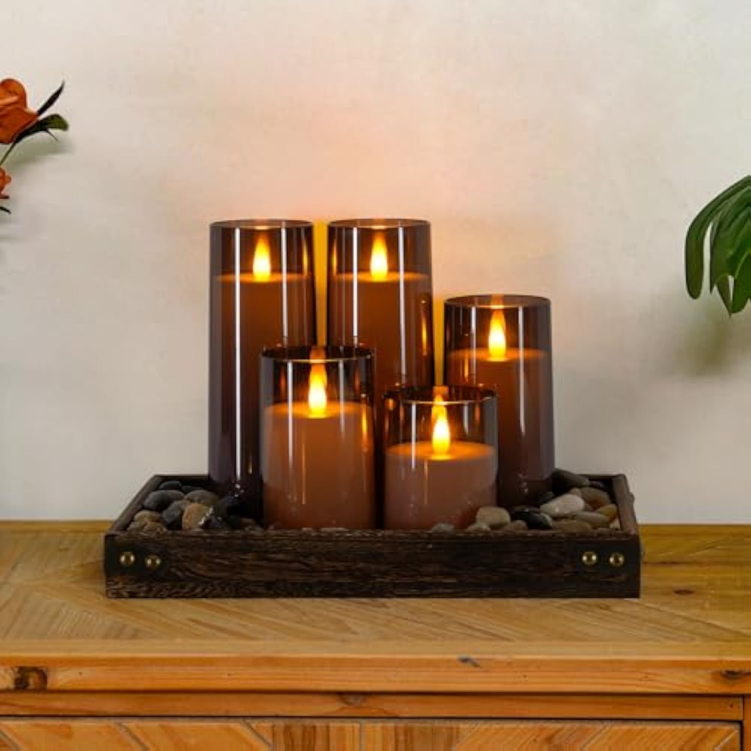 Realistic Flickering Flameless Candles, Battery Operated Candles, Led Fake Electric Candle With Remote Control And Timer For Home, Christmas Decoration, Grey, Set Of 5