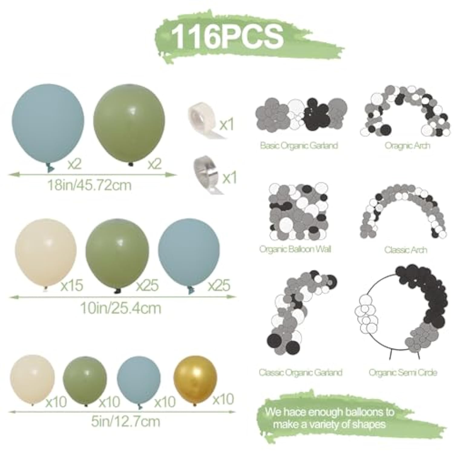 Dusty Green Blue Balloon Garland Arch Kit,116Pcs Green Blue Haze Blue White Sand Gold Balloons For Birthday Party Baby Shower Boho Bridal Shower Wedding Decoration