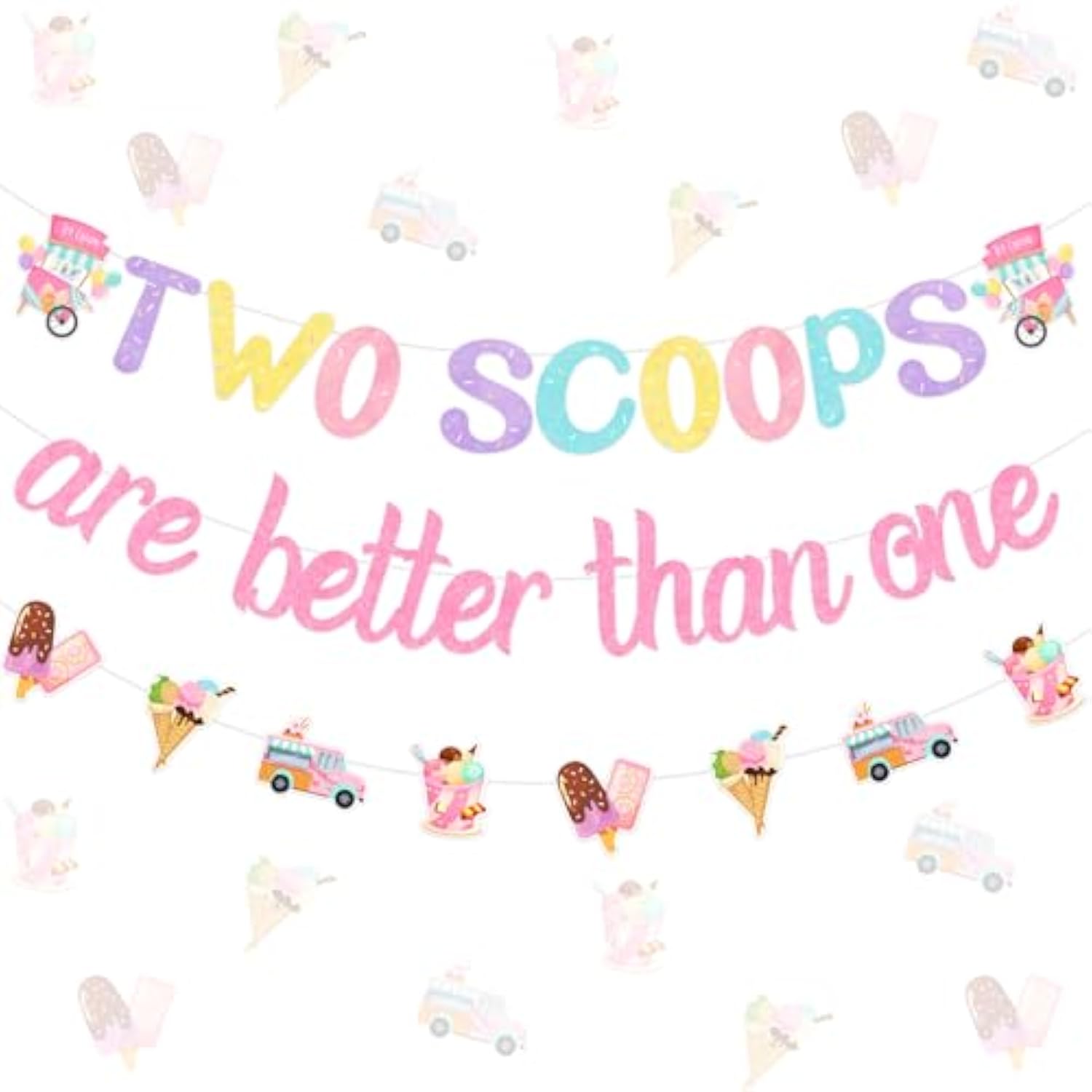 Ice Cream Twin First Birthday Decorations With Two Scoops Are Better Than One Banner And Garland, Summer Ice Cream Themed 1St 2Nd Birthday Party Supplies Pink For Girls