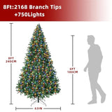 8Ft Prelit Christmas Spruce Artificial Tree With Led Lights, Lighted Christmas Tree?Hinged Full Xmas Tree For Home Party Decoration,750 Led Lights,2168 Branch Tips, Metal Hinges & Foldable Base.