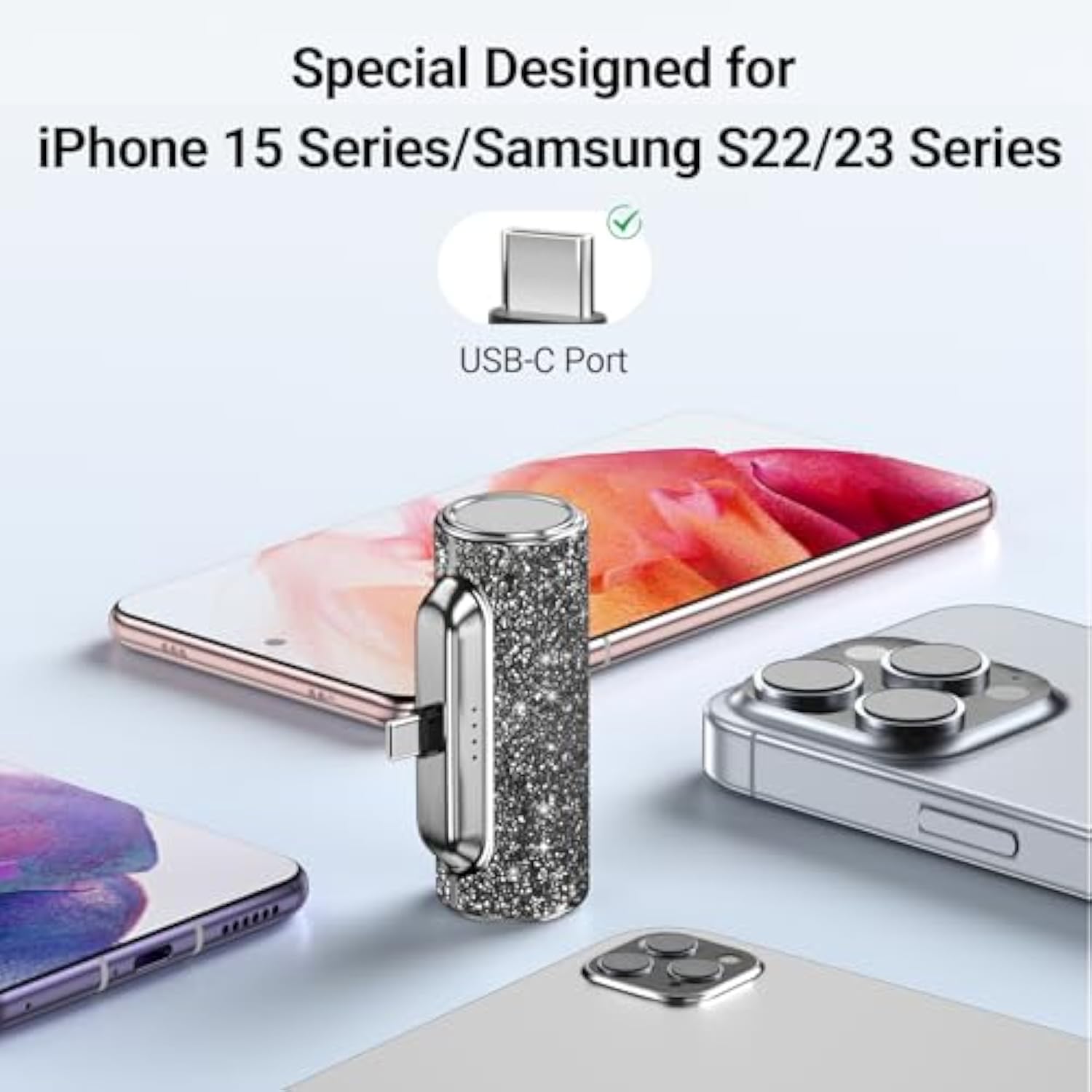 Mini Portable Charger USB C, 4500mAh Small Power Bank with Built-in USB-C Connector, Bling Glitter Battery Pack for iPhone 16/15 Pro/Pro Max/Plus, Samsung Galaxy S24/S23/Android – Shiny Black