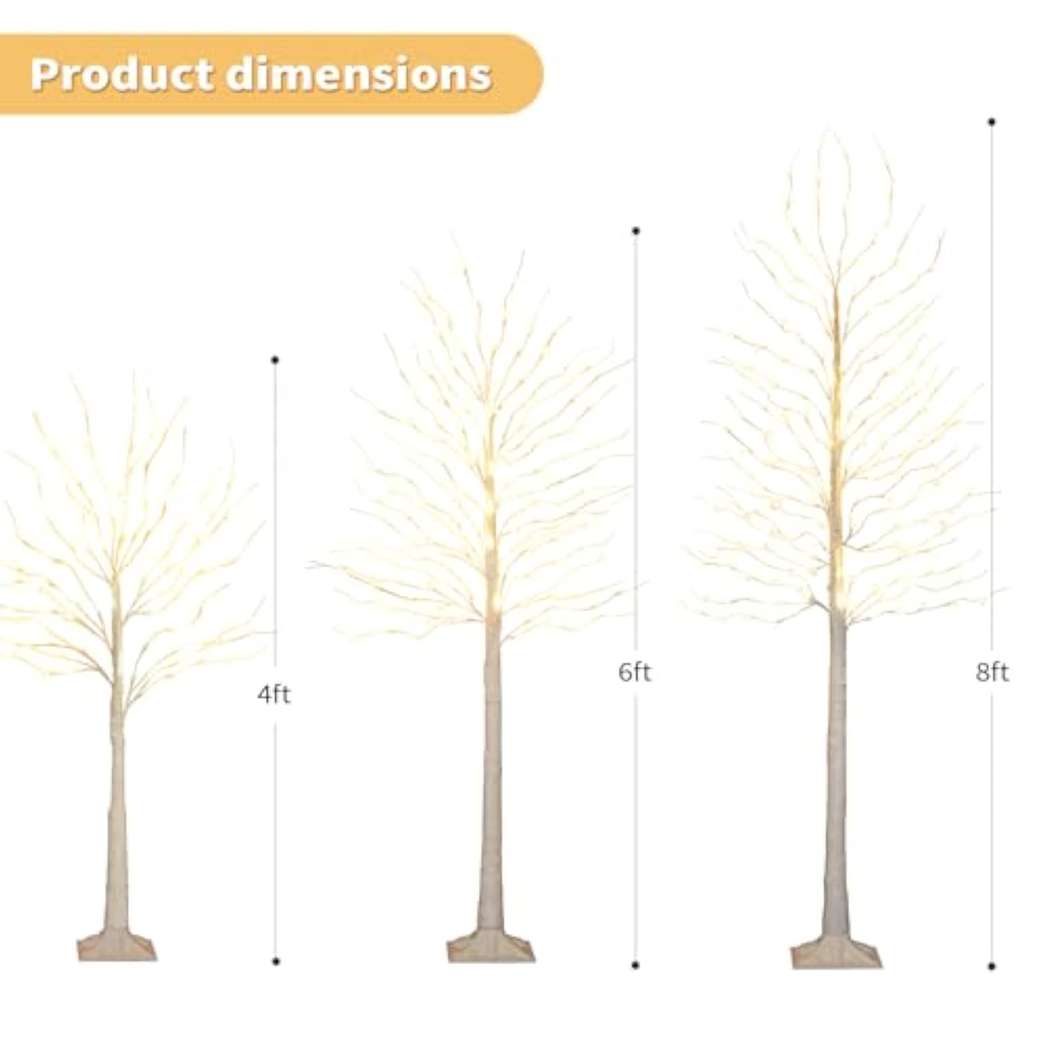 Birch Tree With Led Lights 4+6+8Ft, 3Pk Artificial Christmas Trees Prelit With 8 Lighting Modes And Timer, Lit Twinkling Twig Tree Warm White For Xmas Home Outdoor Indoor Decoration