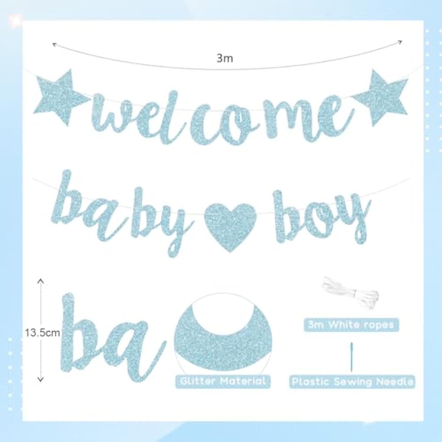 Baby Boy Shower Decorations - 3M Long Welcome Banner, Blue For Gender Reveal Party