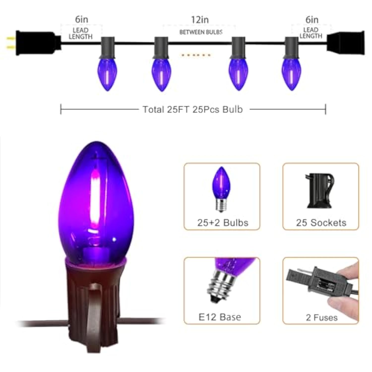 25Ft C7 Purple Halloween Lights Outdoor Indoor, Led String Lights With 25 Shatterproof Bulbs For Patio, Yard, Fence, Chr