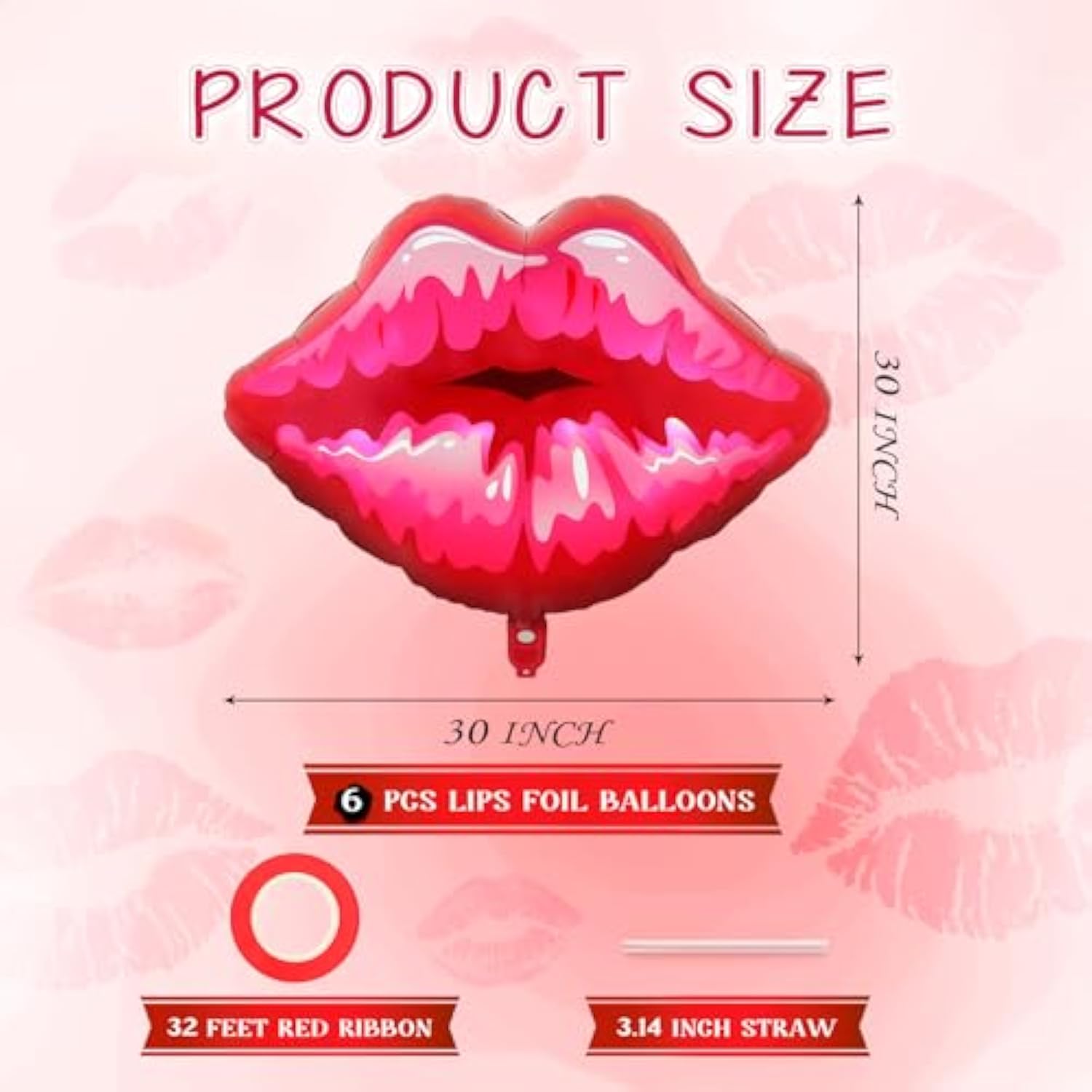 6 Pc 30" Big Red Lip Balloons Foil Kiss Balloons for Valentine's/Galentine's Decor