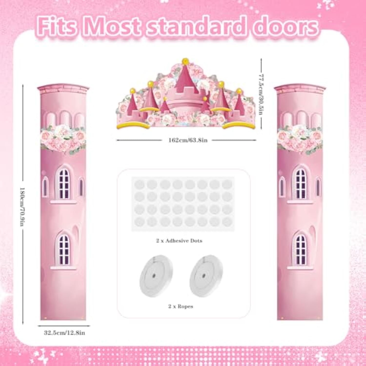 Princess Castle Door Banner – 3Pcs Pink Castle Backdrop With Floral Towers, Hanging Princess Photo Booth Backdrop For Girls Birthday Party Baby Shower Decorations