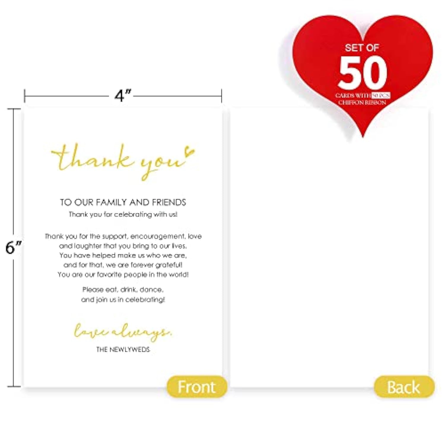 Wedding Thank You Place Setting Cards With Pink Chiffon Ribbon, For Weddings Favors, Receptions, Parties, Events And Celebrations-Pack Of 50, 4 X 6 Inch, Add To Your Table Centerpieces