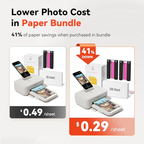 Photo Printer 4X6 With 108 Sheet Photo Paper& 2 Ribbon, Instant Picture Printer For Iphone, Smartphone, Thermal Dye Sublimation, Wi-Fi Connnecting, Home Use, White