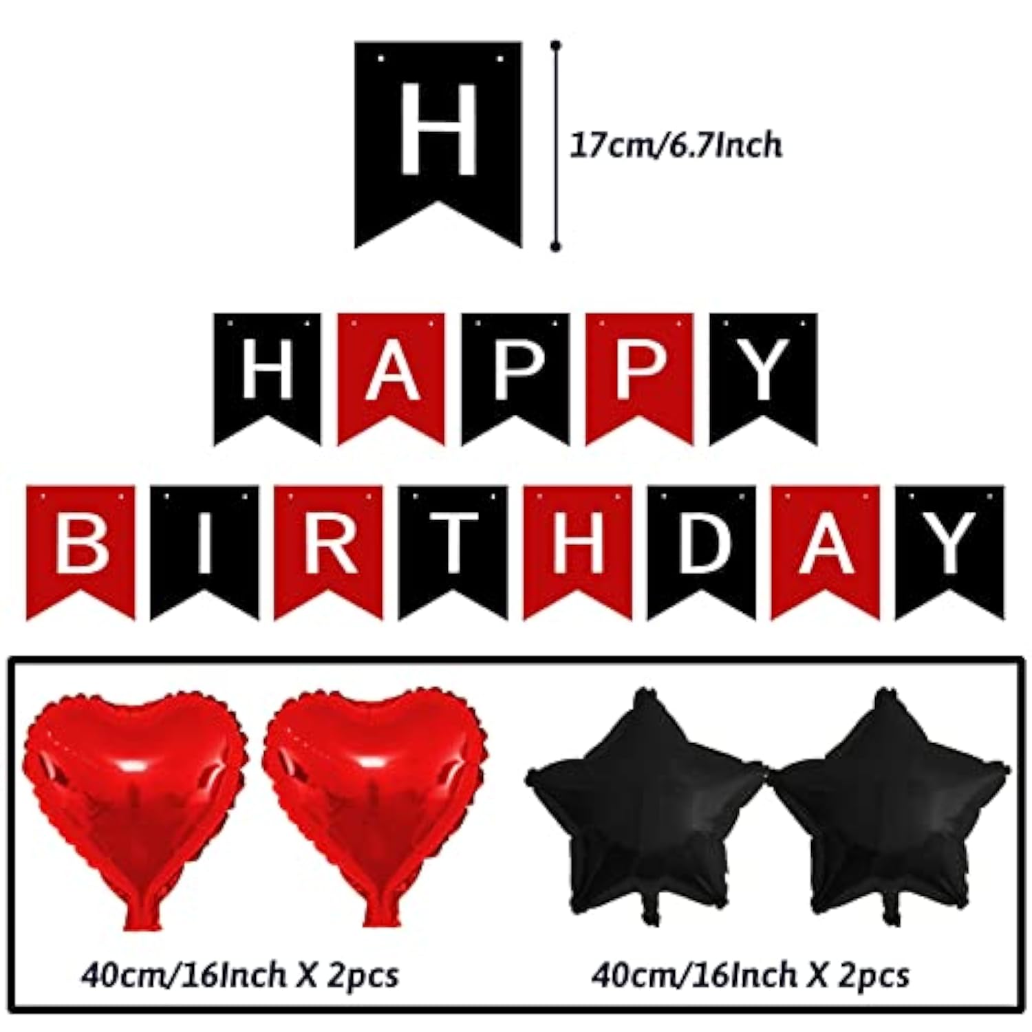 Black & Red Birthday Decor Kit – Balloons, Banner and Pompoms for All Ages and Genders