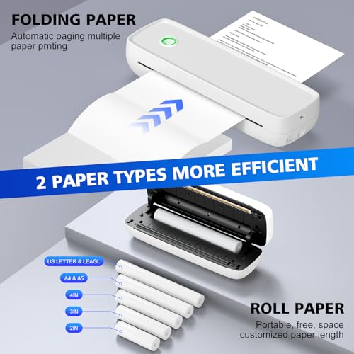 Inkless Portable Printer For Travel, Wireless Printer Supports 8.5 X 11 Inch Thermal Paper, Bluetooth Machine Includes 3 Rolls Of Thermal Paper Set