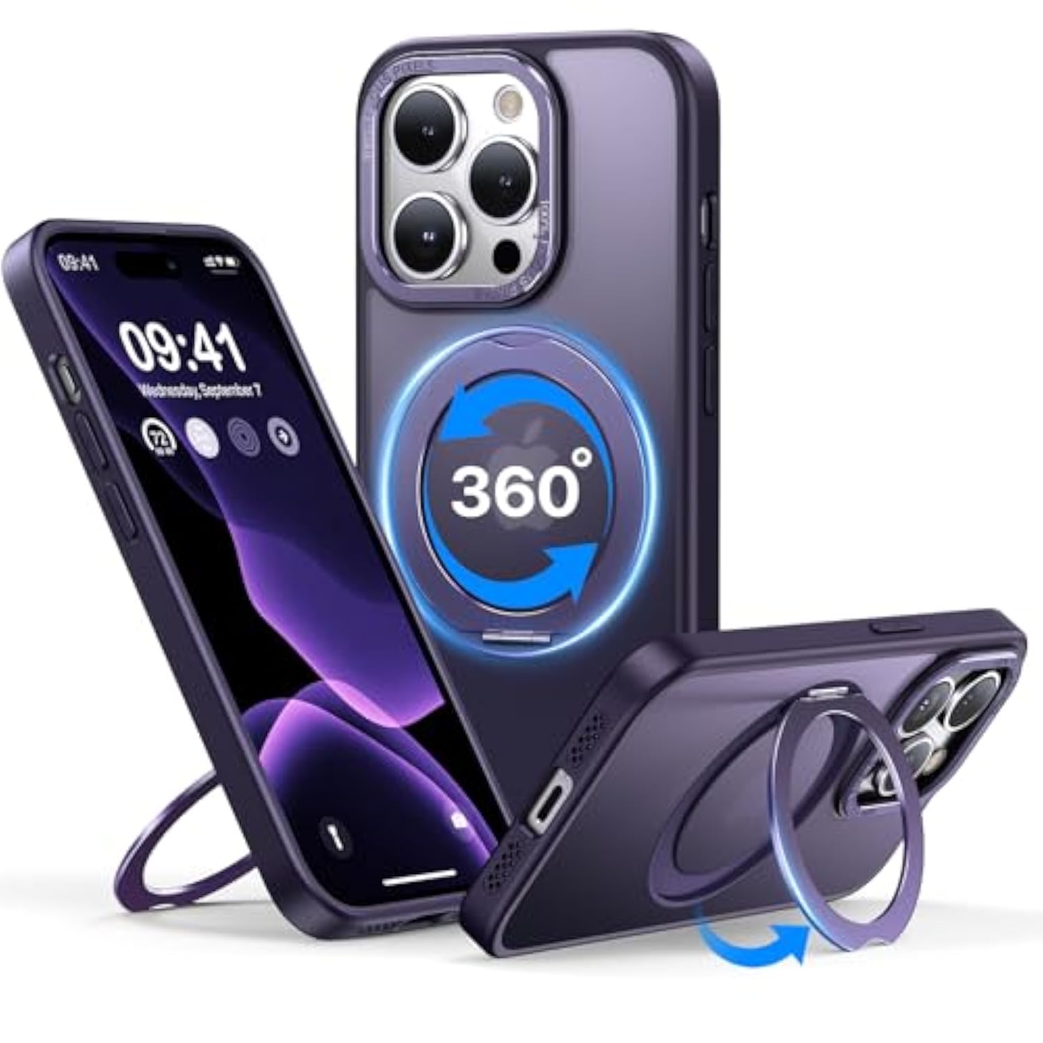 Case For Iphone 14Pro, 360 Rotatable Ring Stand, Raised Camera Frame, Shockproof With Magsafe Purple