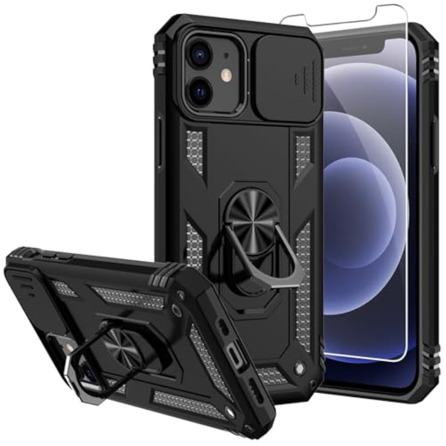 For Iphone 12 Case,With Screen Protector And Camera Cover,[Military Grade] 16Ft.Drop Tested Cover With Magnetic Kickstand Protective Case For Iphone 12 Pro, Black