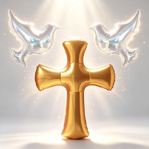 Jumbo 44” Red Gold Cross Balloons Laser Shiny Dove Foil Balloons for Christmas First Communion Baptism Party Christening Confirmation Party Mi Bautizo Decorations Christmas Party Decor