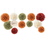 Fall Party Decor 12 PCS Orange Burgundy Green Tissue Pom Poms