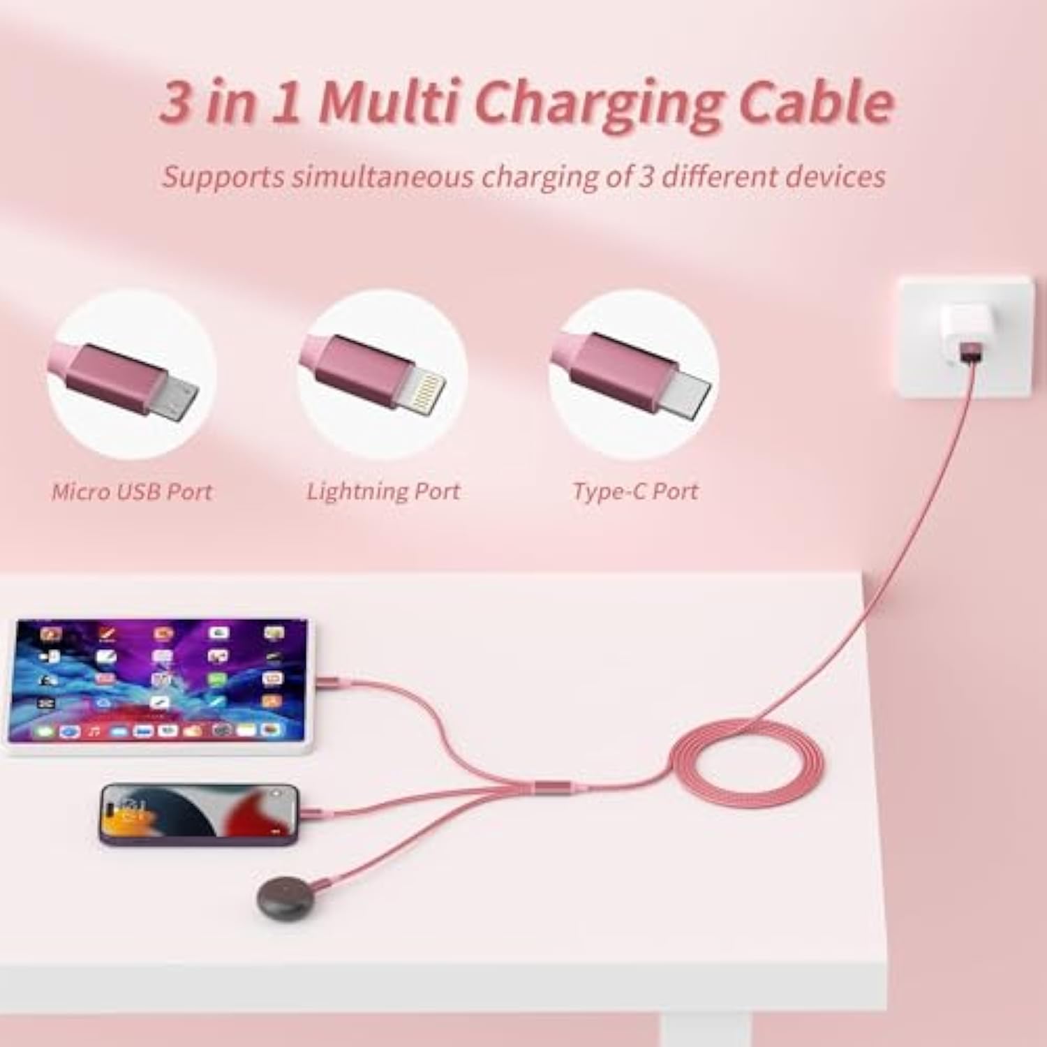 2-Pack 4ft 3-in-1 Nylon Braided USB Charging Cable Type-C Micro iP Universal