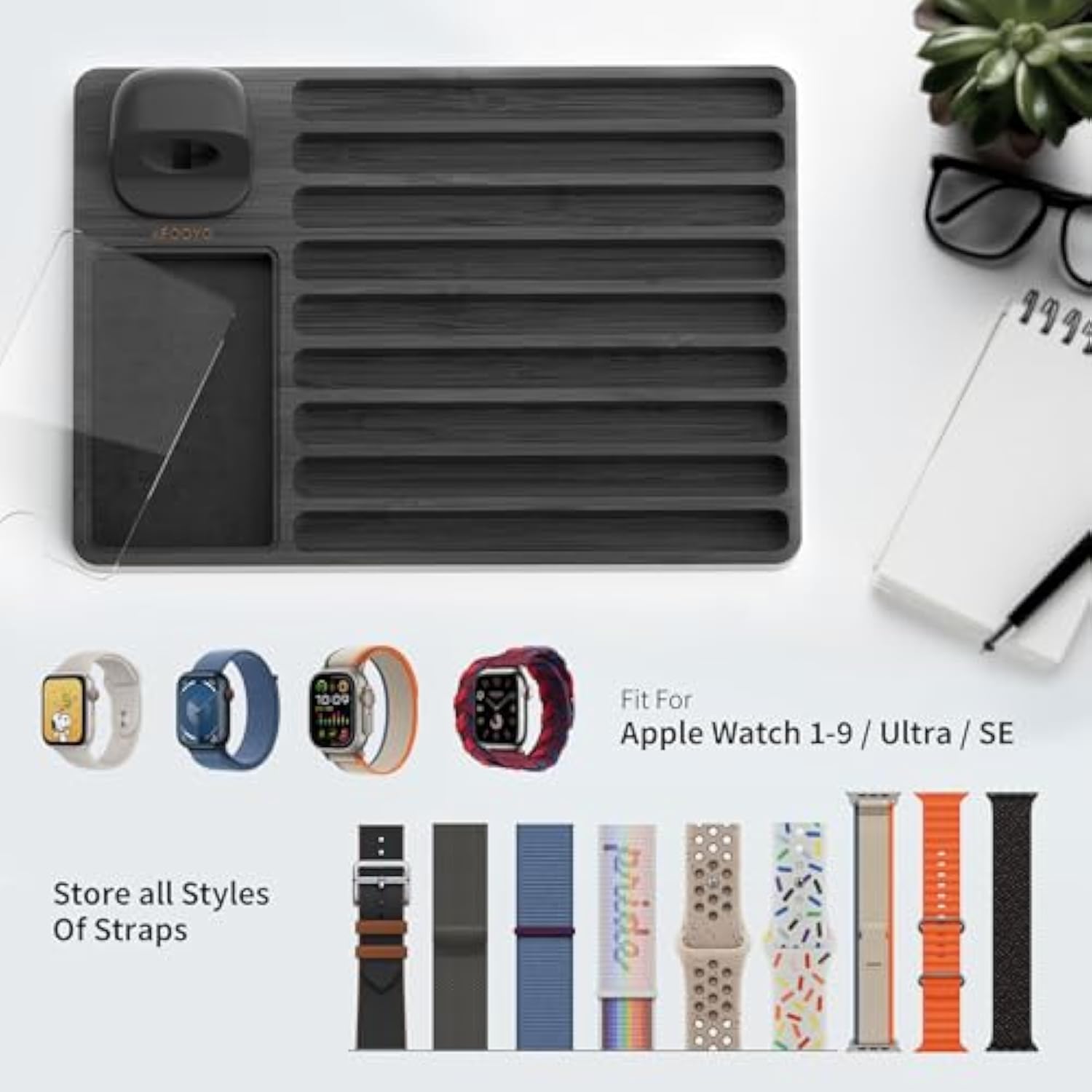 Black Iwatch Bands Organizer - Charger Stand Compatible With All Apple Watch Series And Watch Bands Display Watch Storage Case Tray With Acrylic Top Lid(Black)
