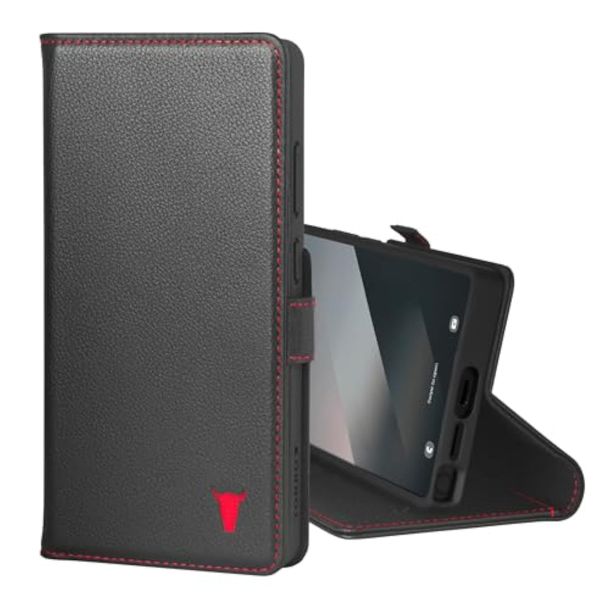 Premium Leather Case Compatible With Samsung Galaxy S25 Ultra 5G (6.9”) 2025 – Genuine Leather Wallet Flip Folio Case With Kickstand And Card Slots (Black With Red Detail)