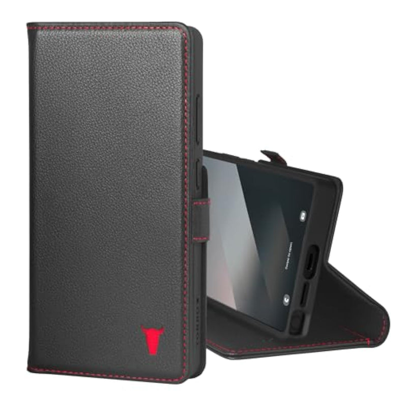 Premium Leather Case Compatible With Samsung Galaxy S25 Ultra 5G (6.9”) 2025 – Genuine Leather Wallet Flip Folio Case With Kickstand And Card Slots (Black With Red Detail)