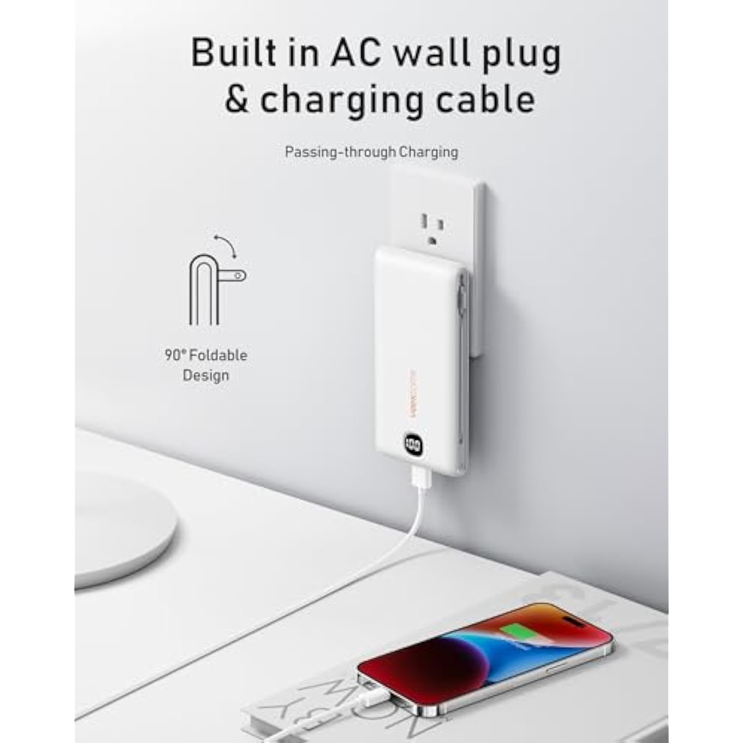 Portable Charger With Built In Cables 10000Mah, Power Bank For Iphone With Wall Plug, Travel Essential Fast Charging Usb C Slim External Battery Pack For Iphone16/15/14, Samsung, Ipad, Etc