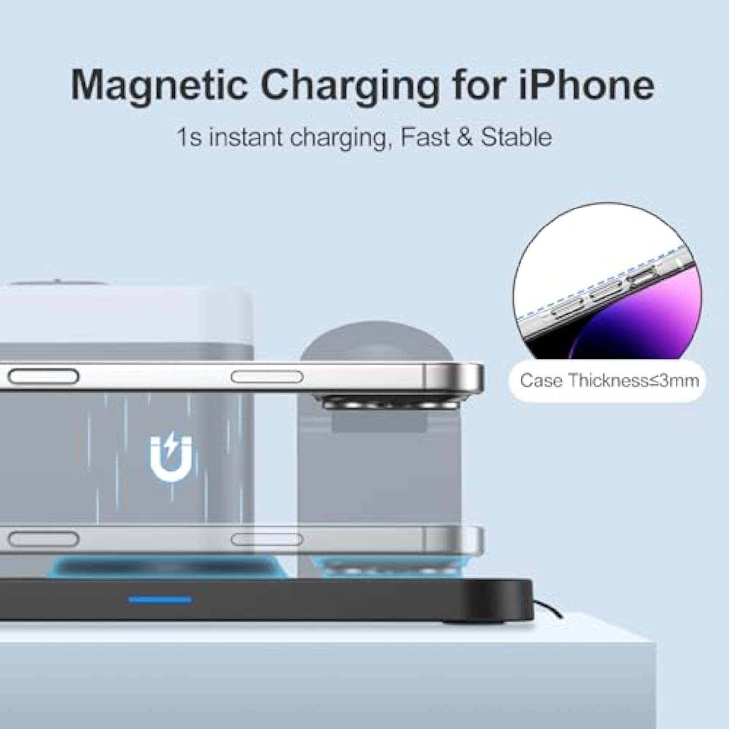 Wirelss Charging Staion,3 In 1 Multiple Charger Stand With Alarm Clock,7 Night Light,Mag-Safe Charging Dock For Iphone 16 15 14 13 12 11 Pro Max Plus,Apple Watch10/9/8/7/Ultra/Se,For Airpods