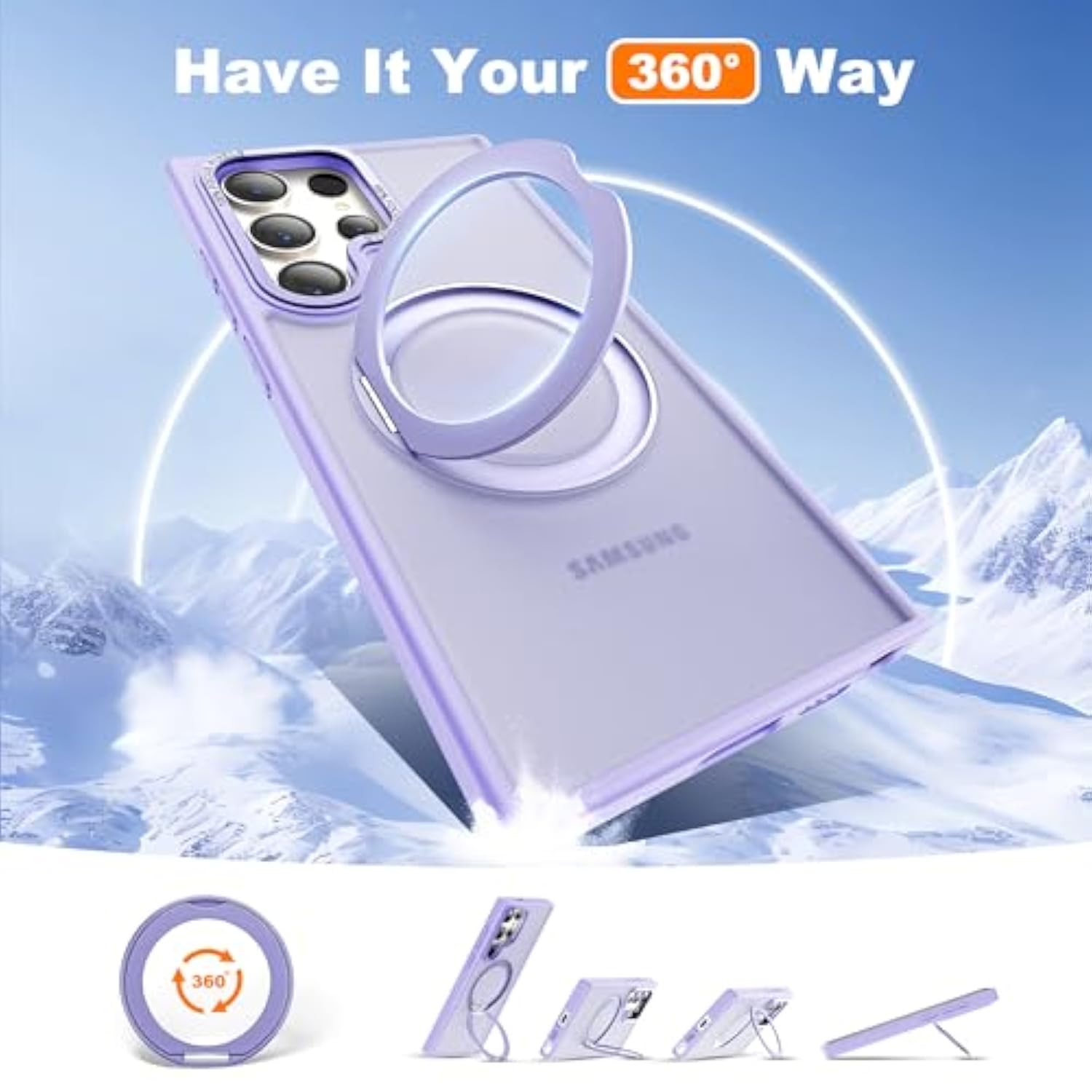 Compatible With Samsung Galaxy S22 & S23 Ultra Case With 360Rotatable Magnetic Ring Stand Compatible With Mag-Safe Military Protection Shockproof Translucent Phone Case,Purple