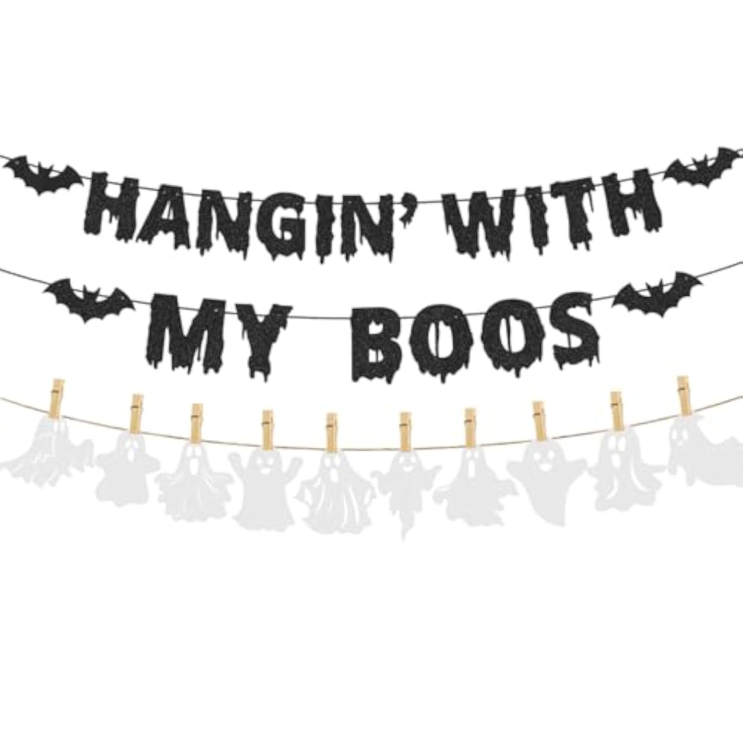 Black Glitter Hanging With My Boos Halloween Banner Ghost Party Wall Fireplace Decor