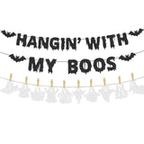 Black Glitter Hanging With My Boos Halloween Banner Ghost Party Wall Fireplace Decor